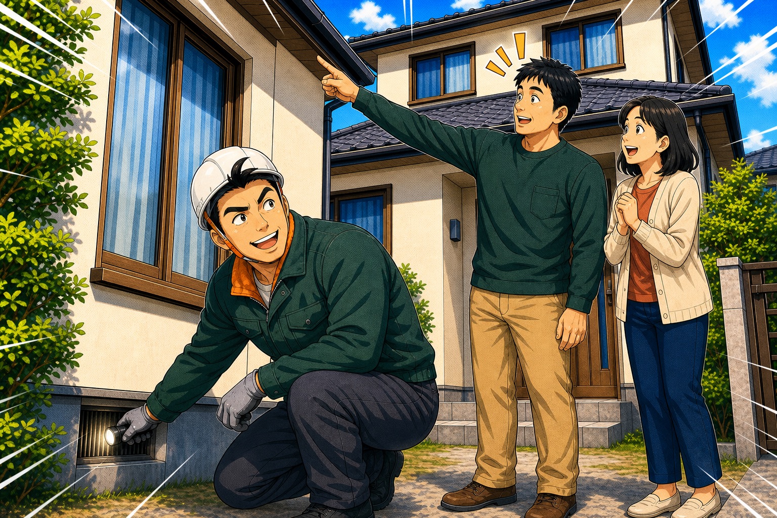 20代後半のがっしりしたスタッフがライトを使い、夫婦の話を聞きながら建物まわりを現地調査する漫画イラスト