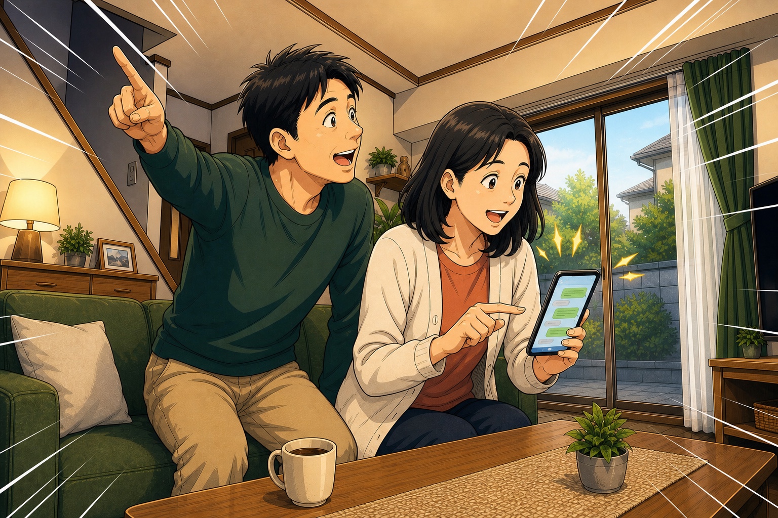 近所の方に紹介された夫婦が、同じ家のリビングからスマートフォンでLINE相談する漫画イラスト