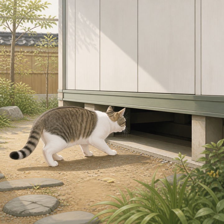 住宅の床下へ近づく猫のイメージ